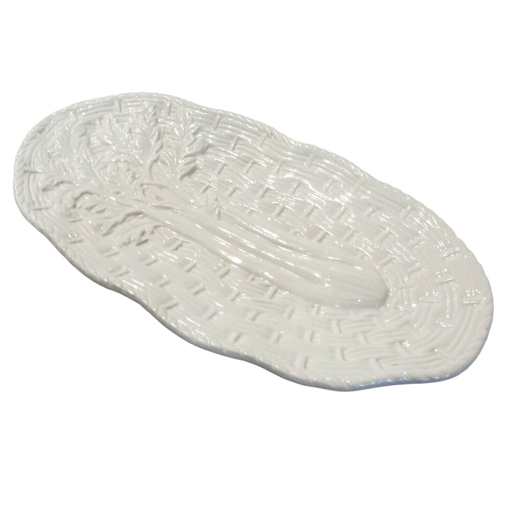 Celery Serving Dish Basket Weave White Pottery Wall Hanging Art Oval Plate Vtg